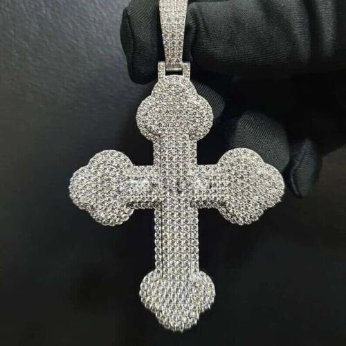 Real Moissanite Men's 4.50Ct Round Cut Cross 2" Pendant 14K White Gold Plated 925 Sterling Silver