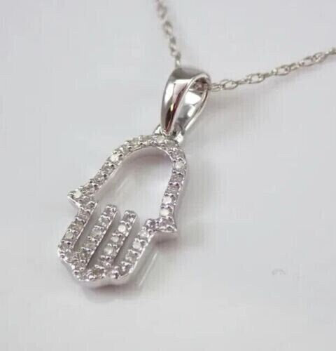 1.00Ct Real Moissanite Round Cut HAMSA Hand Pendant Necklace 14K White Gold Plated 925 Sterling Silver