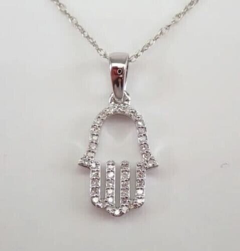 1.00Ct Real Moissanite Round Cut HAMSA Hand Pendant Necklace 14K White Gold Plated 925 Sterling Silver